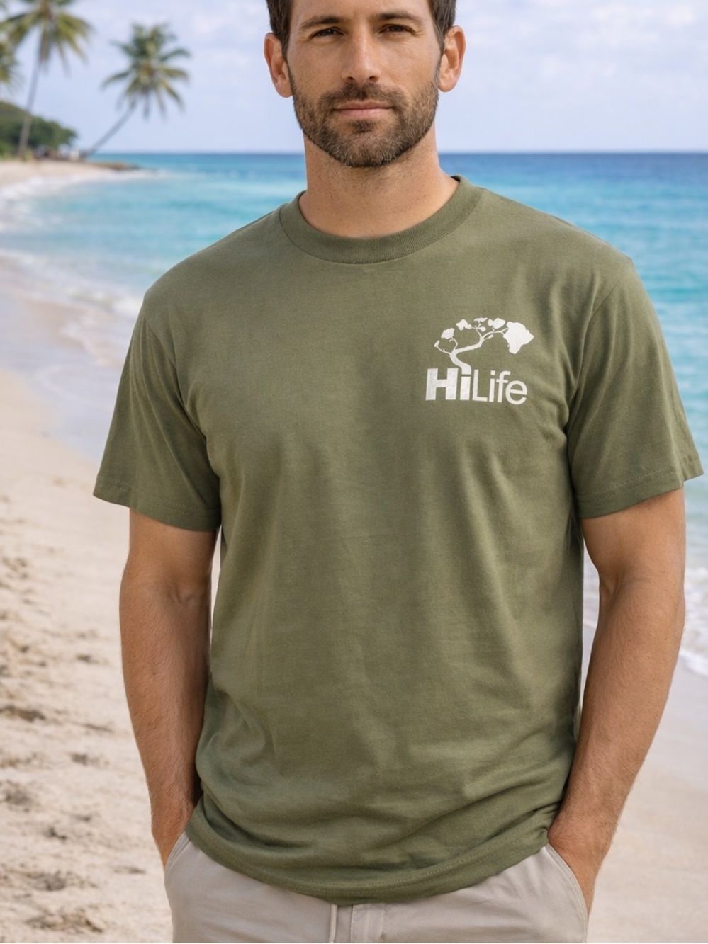 HiLife 100% Cotton Green with White & Brown Short Sleeve Tee Size Medium